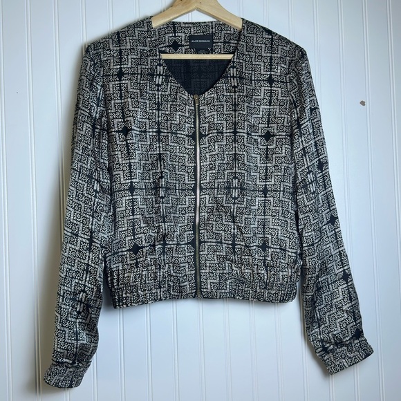 Club Monaco Geometric Black and Gray Bomber Jacket Front Zipper Sz M 100% Silk - Picture 2 of 11
